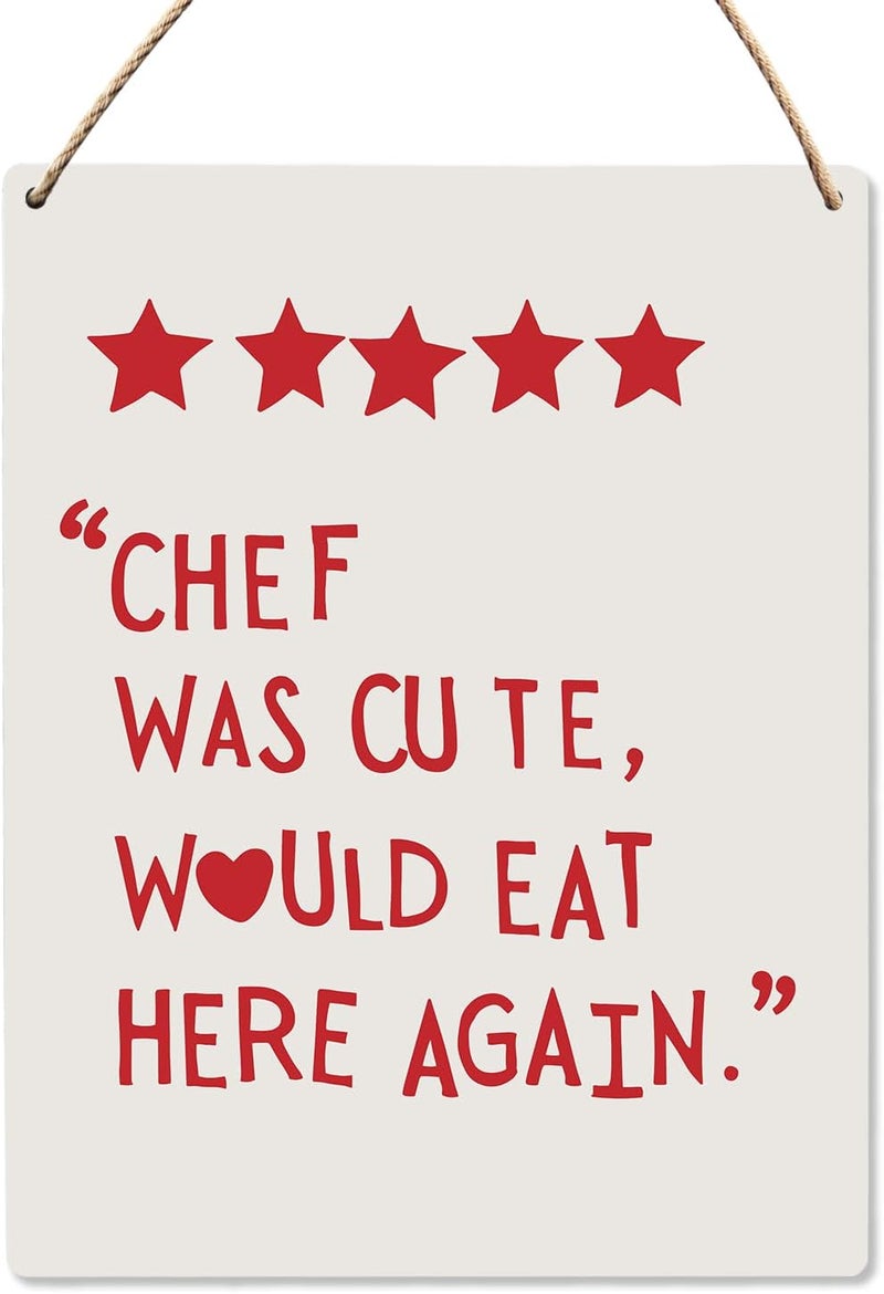 UYIKG Kitchen Signs Decor, Chef Was Cute Would Eat Here Again Wood Hanging Sign, Funny Dining Room Wall Decor, Dining Hall Dining Room Restaurant Wooden Slogan Hanging Sign 8x10 In (Red Letters) - Image 1